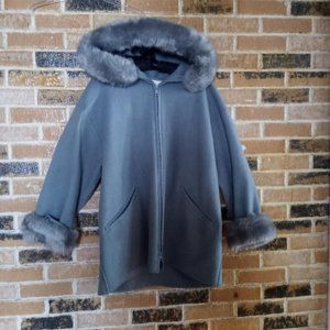 Vtg Gray LAPARKA Faux Fur Trimmed Coat